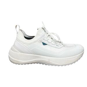 Vessi White Chunky Knit Platform Sneakers with Teal Accent